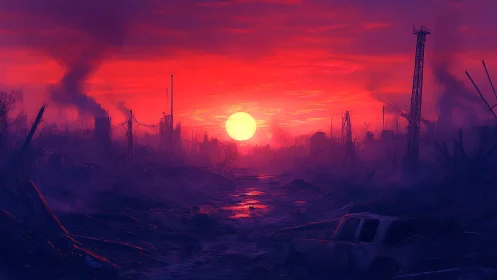 Glowing sunset gently softens a haunting ruined cityscape.