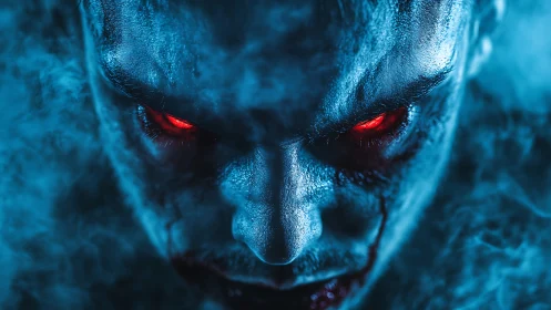 Demonic blue-tinted face with glowing red eyes stares downward