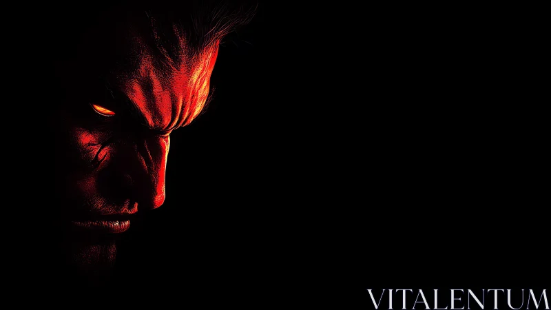 Fiery half-lit face emerging from deep midnight shadows.