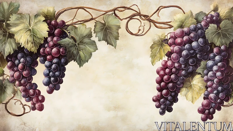 Ripened grape clusters frame a rustic Tuscan inspired canvas