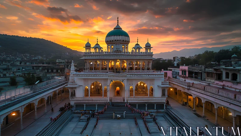 Temple complex with central dome under layered sunset sky.