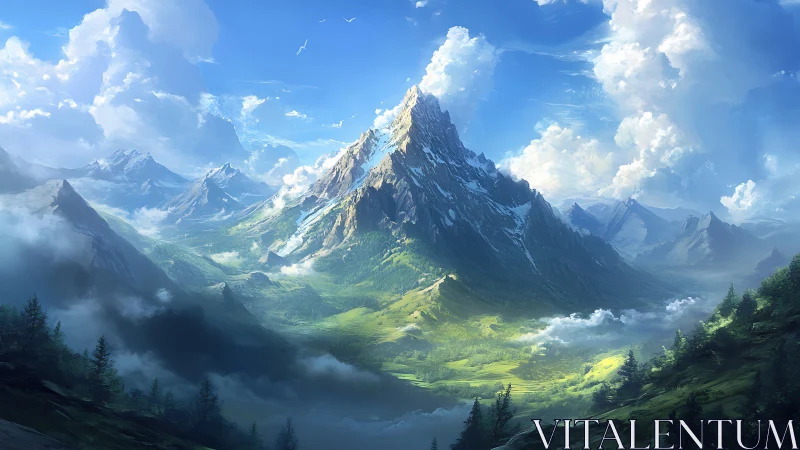 Mountain peak rises above green valley under bright sky