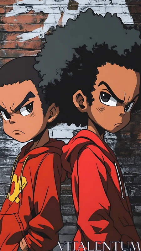 Streetwise twins in red hoodies, back‑to‑back defiance.