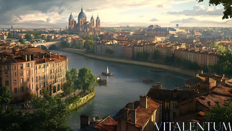 Riverside European cityscape with domed cathedral at dusk.