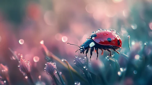 Ladybug walks through dewy blossoms in dreamy morning light