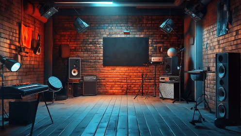 Neon brick studio glows as silent band of instruments waits.