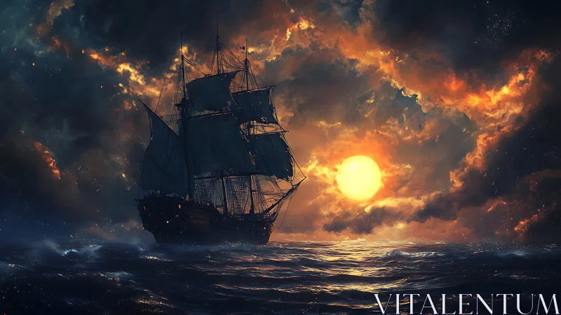Tall ship cuts stormy sea before burning sunset sky