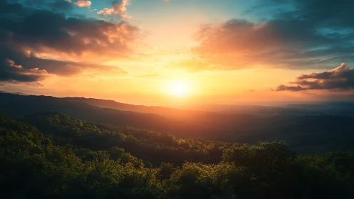 Golden sunrise over calm rolling hills and soft forests.