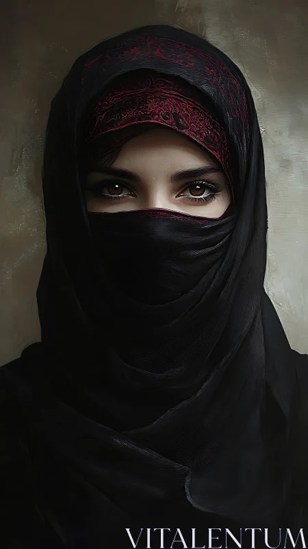 Mysterious veiled woman with warm eyes and rich black drapery.