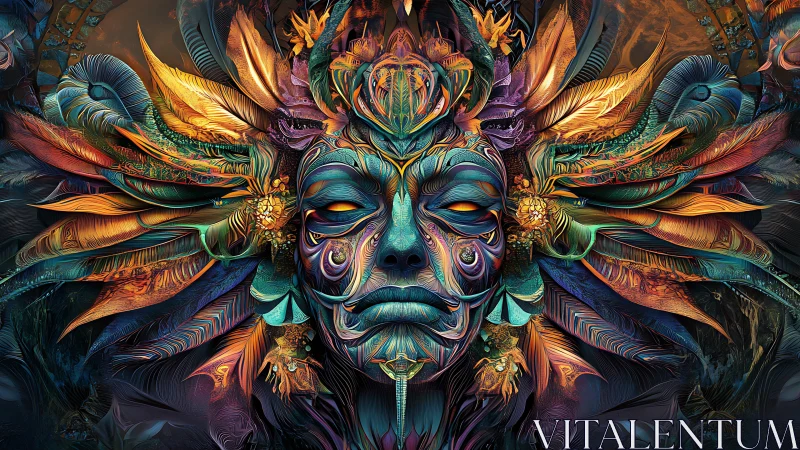 Mythic tribal mask emerges in neon-feathered fractal bloom.