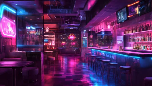 Neon-saturated cyberpunk cocktail bar with reflective chrome surfaces.