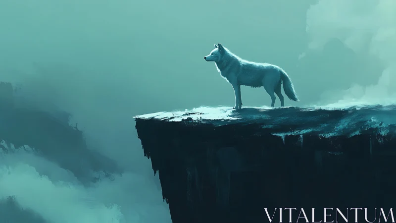 Lone white wolf surveys sheer cliff in teal mist.