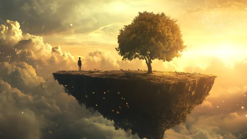 Solitary figure on floating island plateau under warm sky.