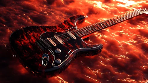 Molten-Stage Electric Guitar Drifting Over Liquid Firepool.