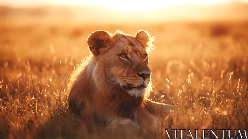 Golden savanna lioness resting in warm sunset glow.