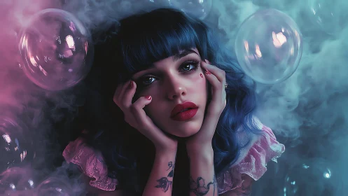 Neon lit blue haired woman in vaporous bubble filled atmosphere