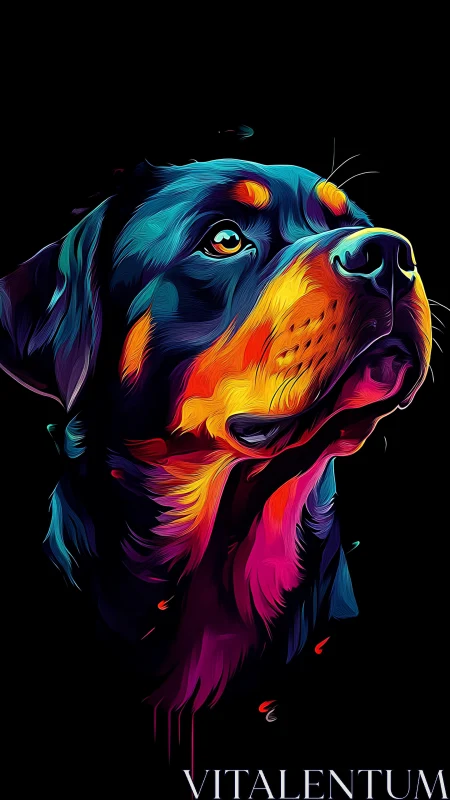 Multicolor stylized canine portrait on solid black field.
