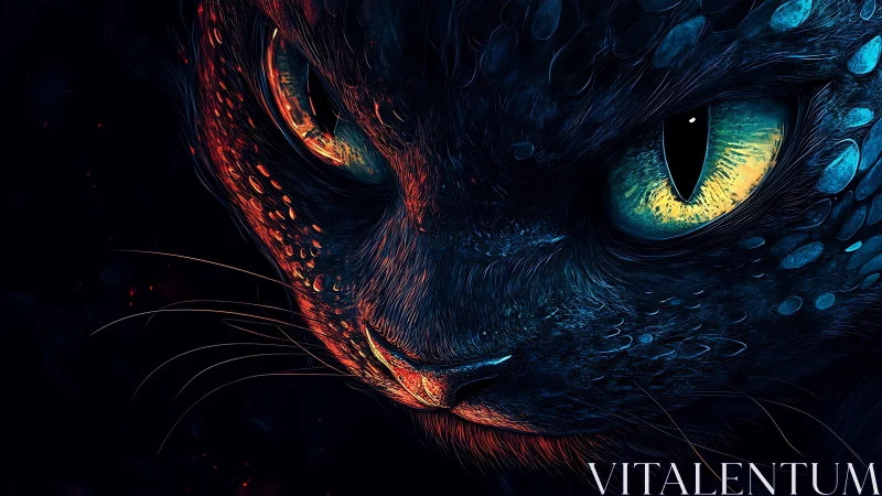 Electric midnight cat with glowing ember-lit whiskers.