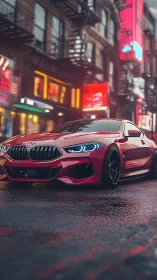 Red sports coupe under neon lights on wet city street.