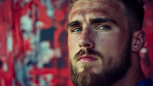 Steady gaze of a determined man stands out against bold red art