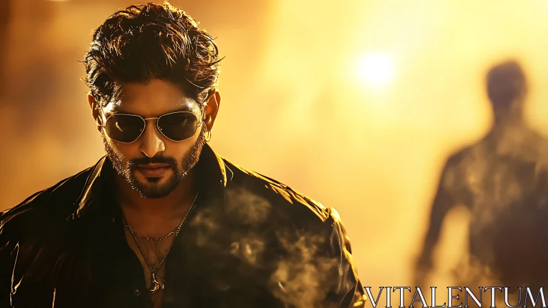 Bearded man in sunglasses against hazy golden backdrop.