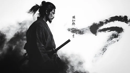 Monochrome samurai profile with sumi-e motion plume integration.
