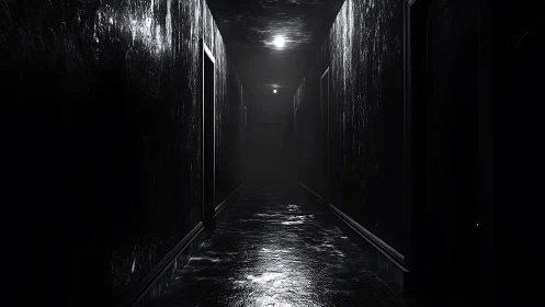 Glistening dark corridor under stark overhead lighting.