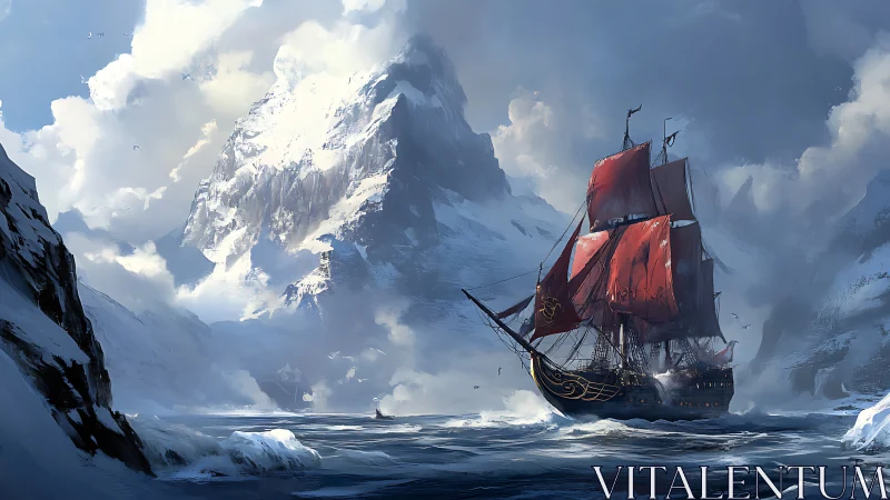 Crimson-sailed galleon amid glacial fjord in cinematic digital painting.