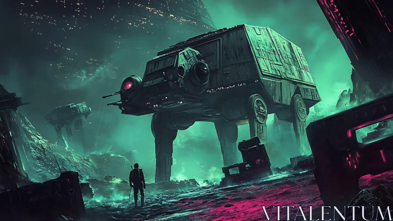 Colossal quadruped war machine towers over lone figure in toxic mist