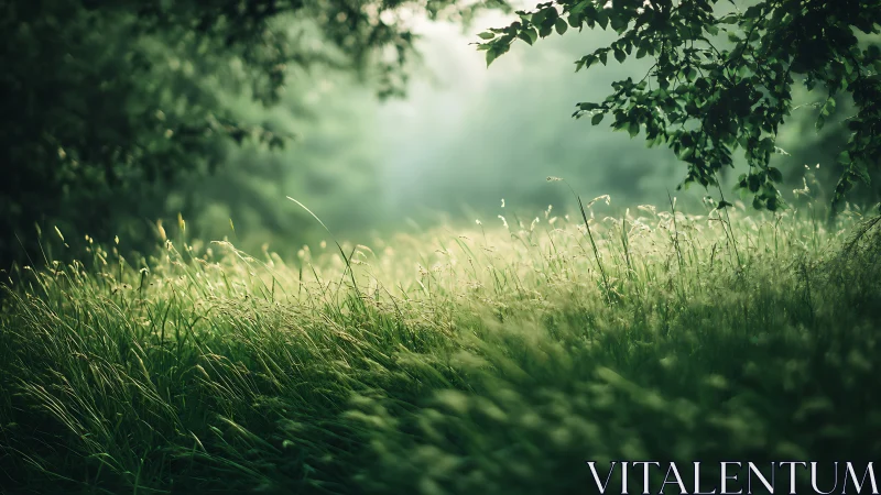 Sunlit meadow grass glows beneath overhanging leafy branches