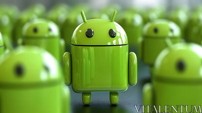 Green robot mascot figures in shallow depth of field scene.