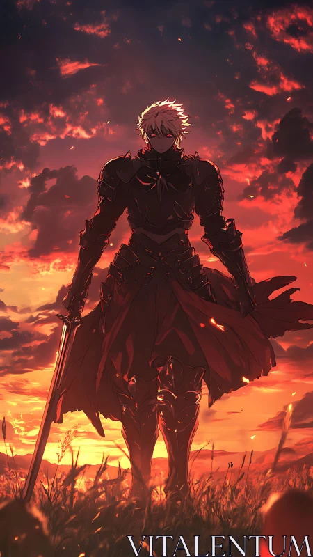 Armored swordsman silhouette dominates ember-lit sunset sky