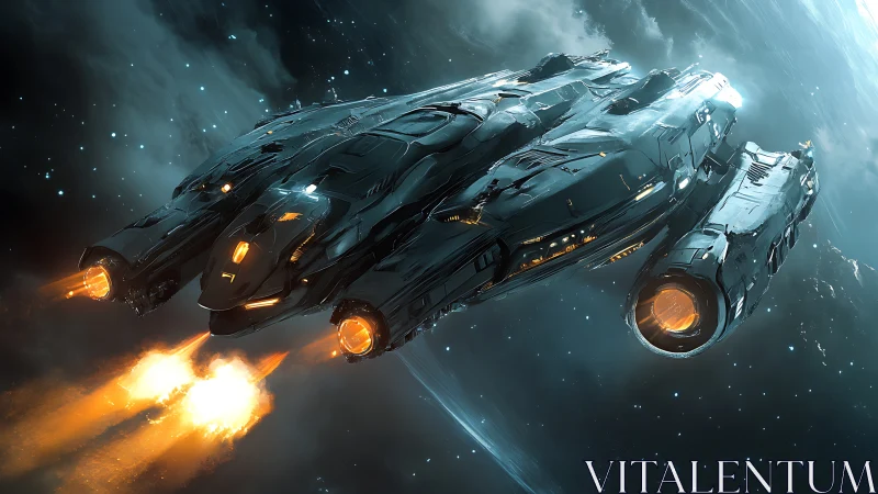 Futuristic spacecraft executes high-velocity burn in orbit