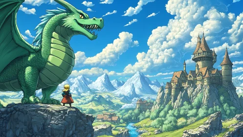 Dragon-summoned skies crown a lone hero and distant citadel.