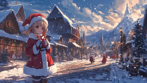 Snow-dusted village glows as cocoa-loving Santa girl wanders