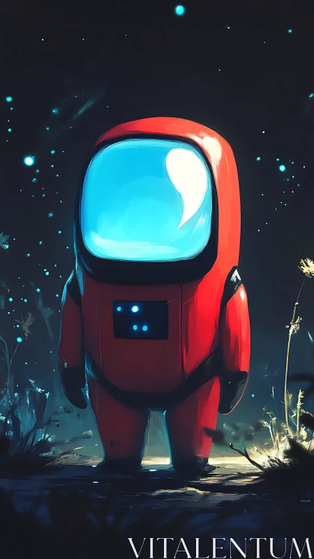 Red cartoon astronaut stands alone in glowing night scene