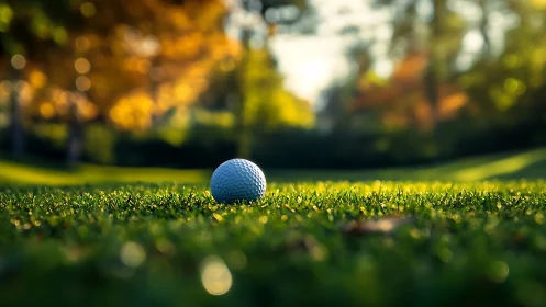 Golden-hour golf ball waits quietly on a sunlit green