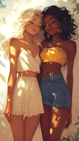 Two sunlit women rest close under soft dappled summer light