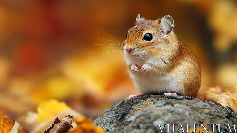 Tiny autumn mouse pausing on a rock among golden leaves.