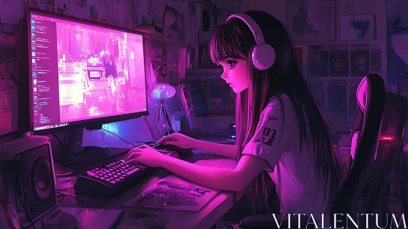 Neon-lit anime gamer at workstation renders immersive cyber ambience