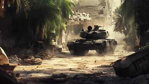 Main battle tank advances through ruined palm-lined street