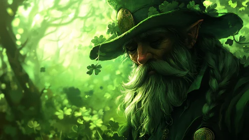 Elderly forest figure with clover hat in green light field.