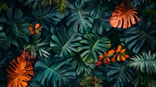 Lush tropical leaves create a deep, moody jungle tapestry