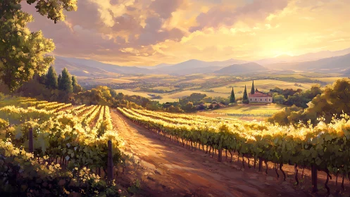 Sunlit vineyard rows lead toward distant hills and farmhouse