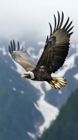 Soaring bald eagle glides gracefully above misty mountains