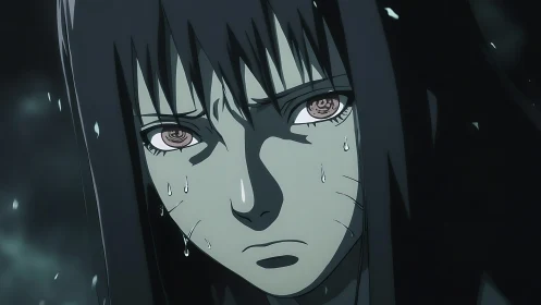 Rain-soaked warrior gaze under stormlit anime shadows.