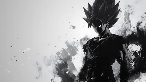 Monochrome anime warrior rendered with dynamic ink dispersion