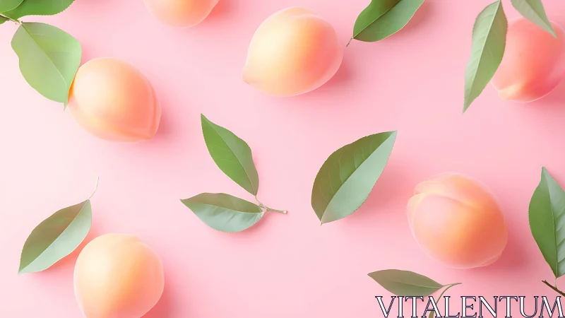 Soft pastel peaches and green leaves on pink background.