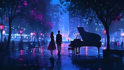 Silhouetted couple stands by grand piano in wet city plaza