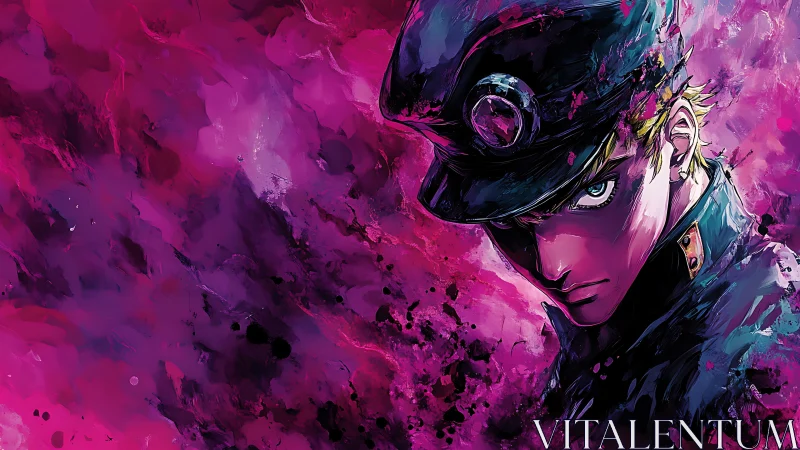 Brooding anime captain in riotous magenta paintstorm glare.